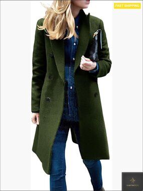 Wool Pea Coat Classic Slim Fit Double Breasted Notch Lapel Midi Length